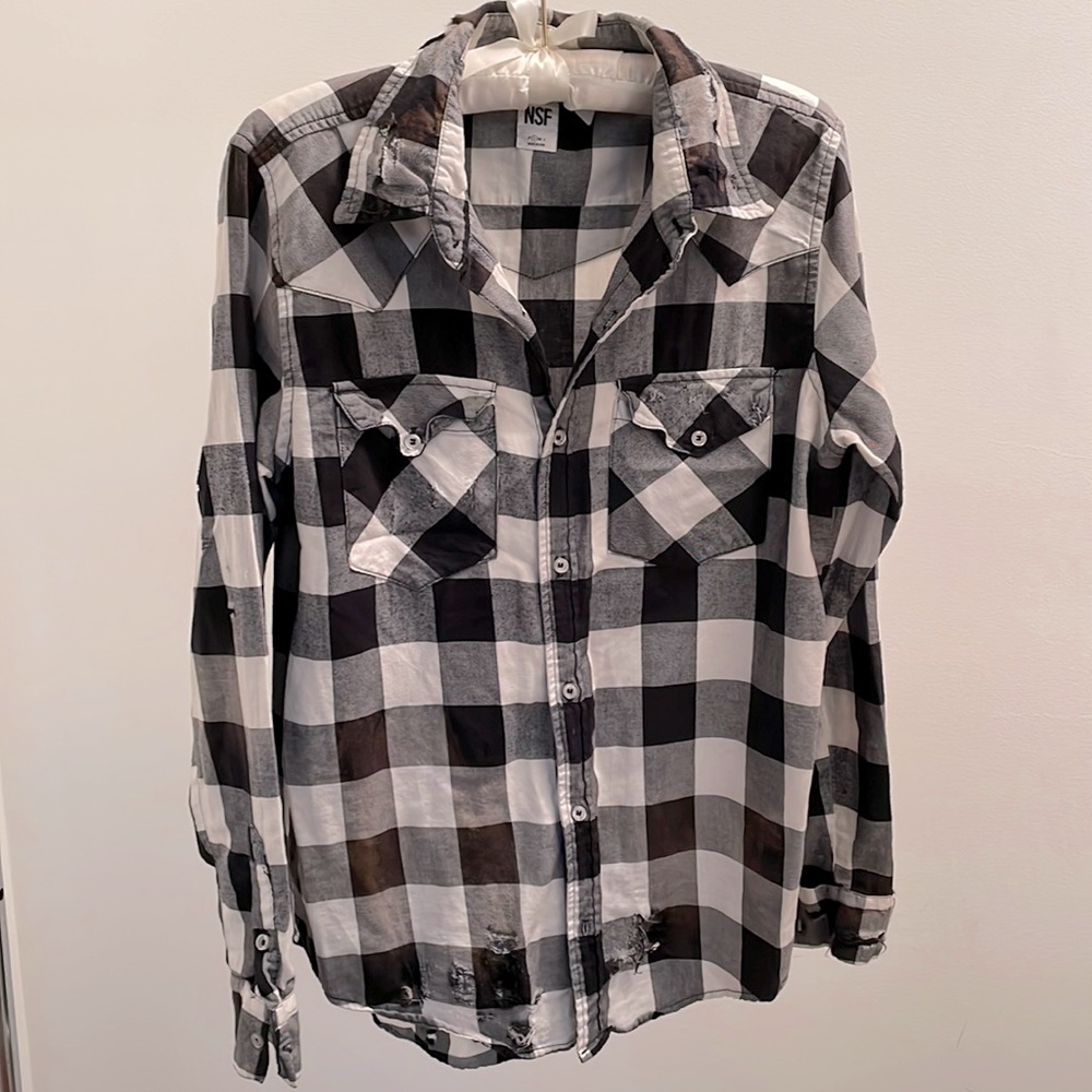 NSF "Axel" BW Buffalo-plaid Destroyed Shirt, S (Womens)